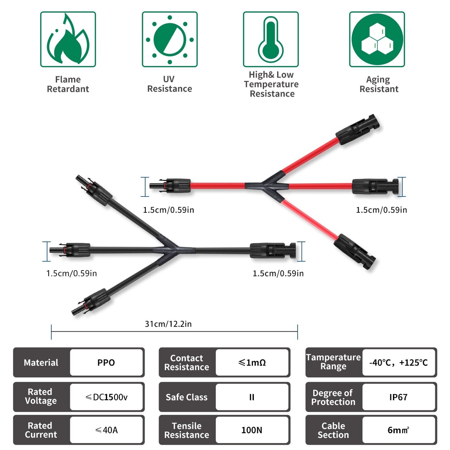 Solar module cable Y-connector 2.5-6 mm², solar cable Y-distributor 12/10 AWG photovoltaic solar cable PV connector 1 pair MMMF + FFFM for parallel PV connection, red + black